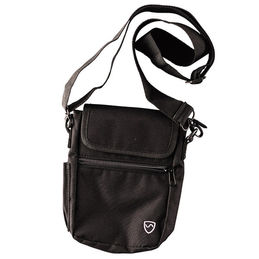 Deluxe smartphone pouch with wireless radiation protection Black phone pouch with a shoulder strap and multiple compartments, featuring a white logo on the front.