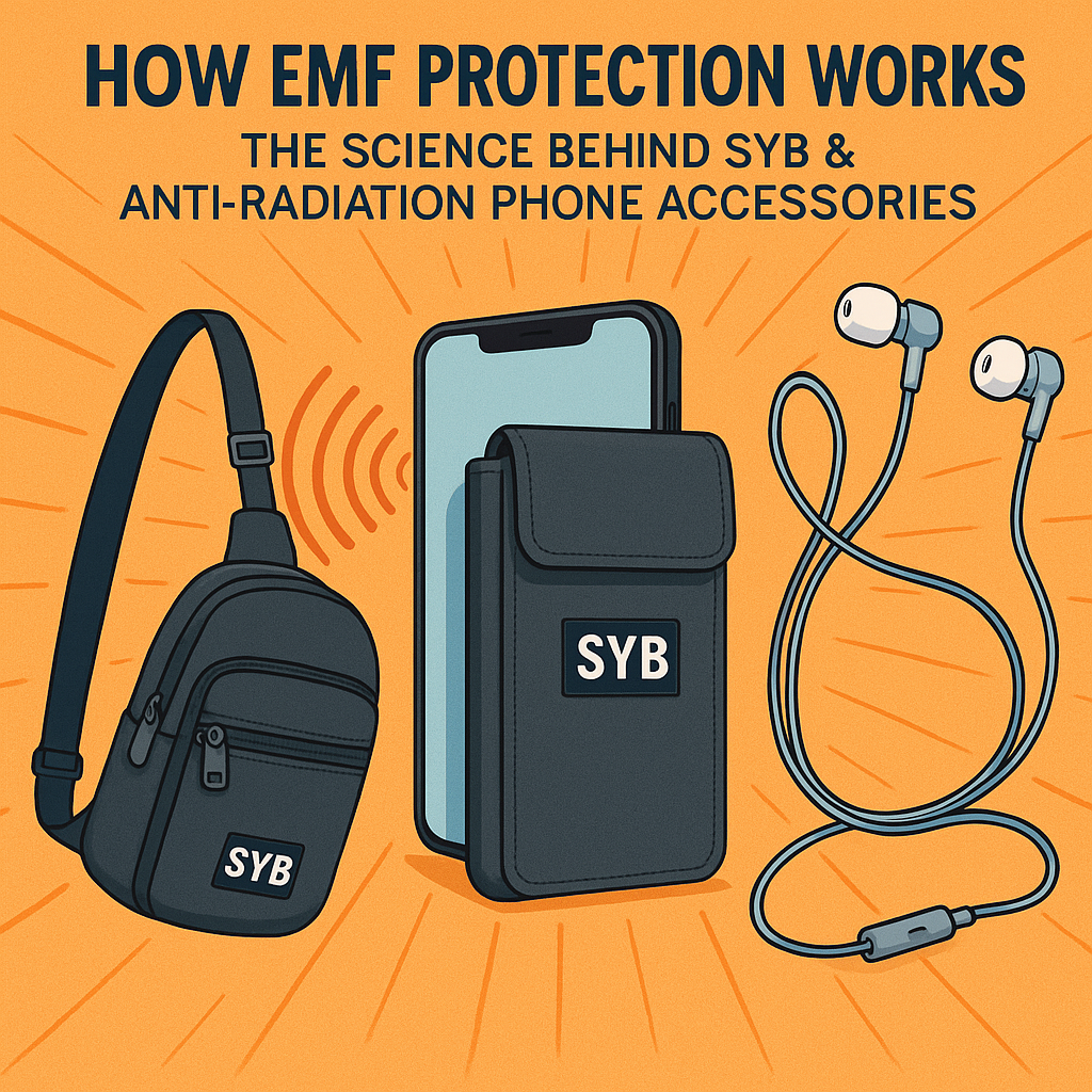 SYB anti-radiation phone accessories including phone pouch, sling bag, and air tube headphones blocking EMF waves — How EMF protection works.
