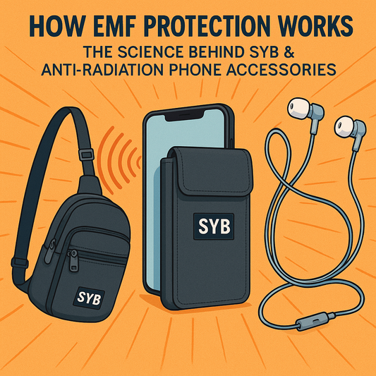 SYB anti-radiation phone accessories including phone pouch, sling bag, and air tube headphones blocking EMF waves — How EMF protection works.