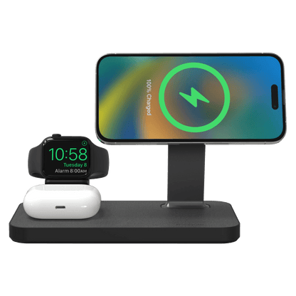 mophie Snap+ MagSafe 3-in-1 Wireless Charging Stand – Black iphone- apple watch-airpods front
