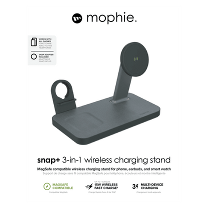 mophie Snap+ MagSafe 3-in-1 Wireless Charging Stand – Black iphone- apple watch-airpods packaging