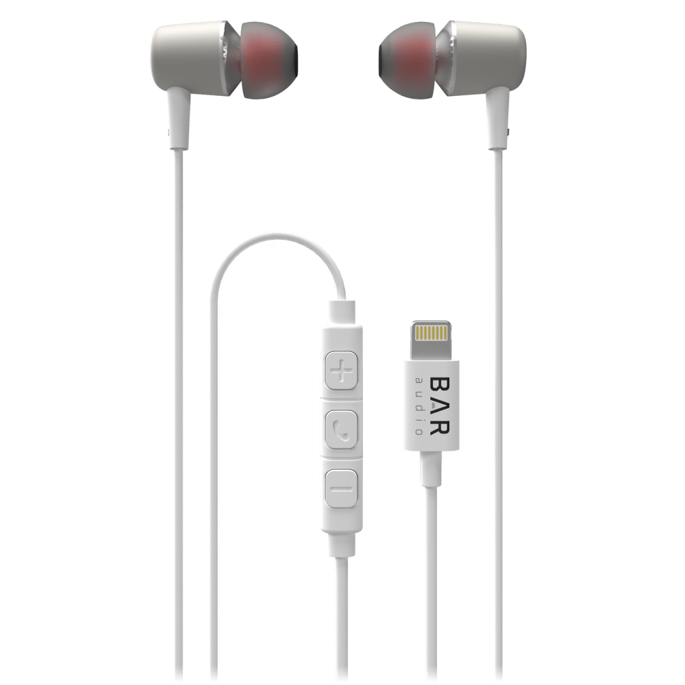 Bar Audio Lightning in-ear wired headphones with microphone for Apple devices.