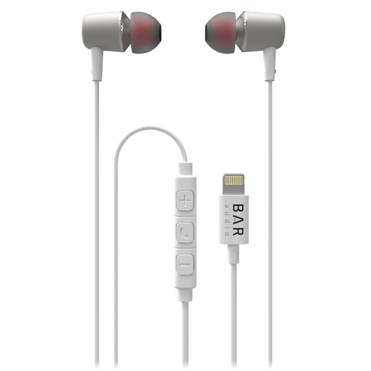Bar Audio Lightning in-ear wired headphones with microphone for Apple devices.
