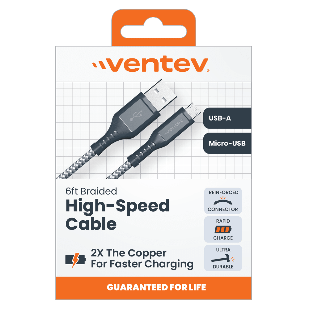 Ventev High Speed USB A to Micro USB Braided Cable with 2x the Copper for Faster Charging 6ft Gray by Ventev