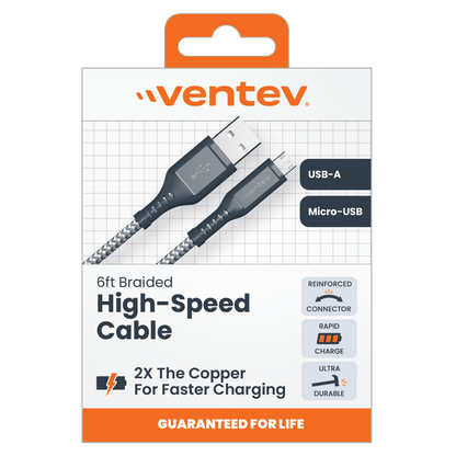 Ventev High Speed USB A to Micro USB Braided Cable with 2x the Copper for Faster Charging 6ft Gray by Ventev