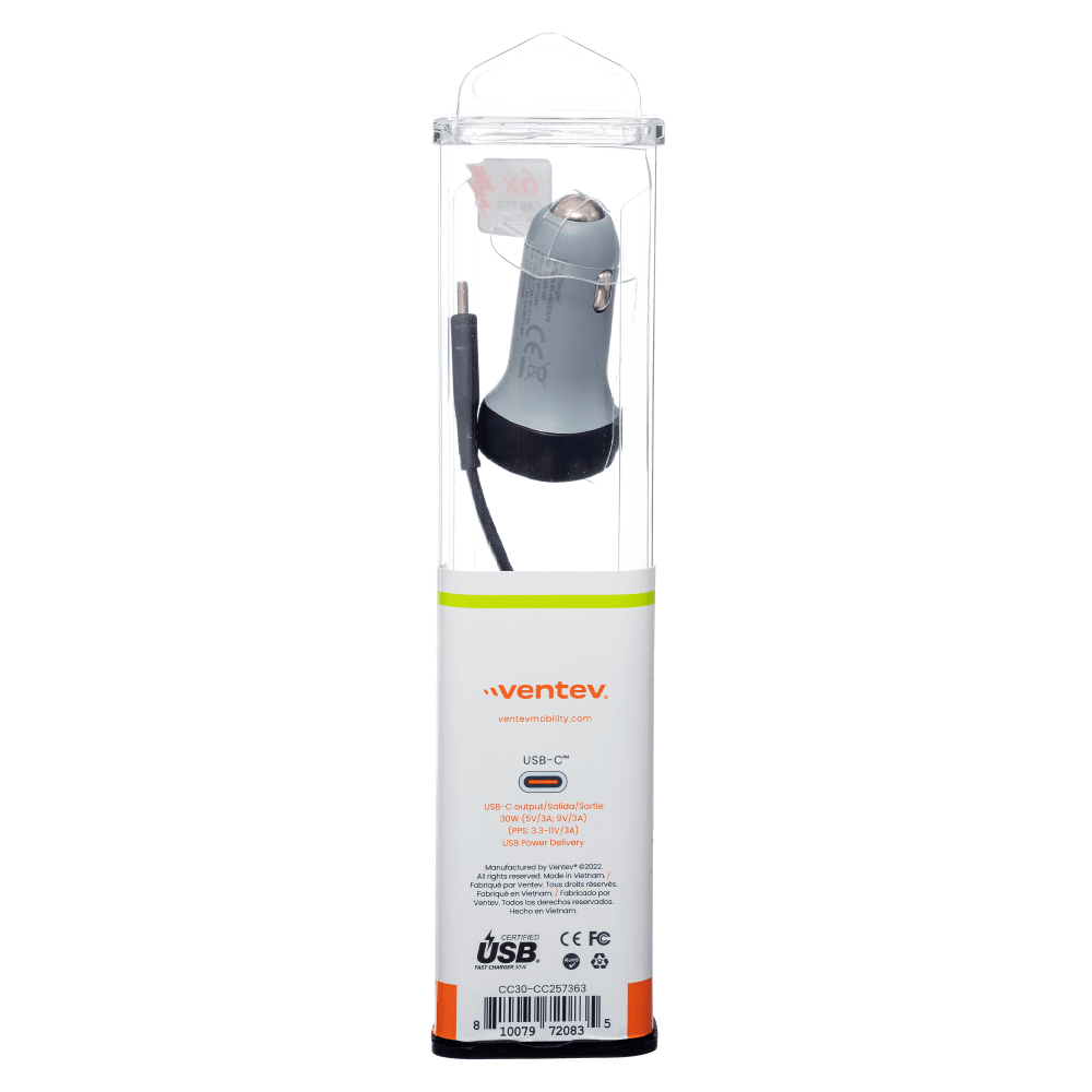 Ventev 30W USB C PPS Car Charger and USB C to USB C Cable Gray by Ventev