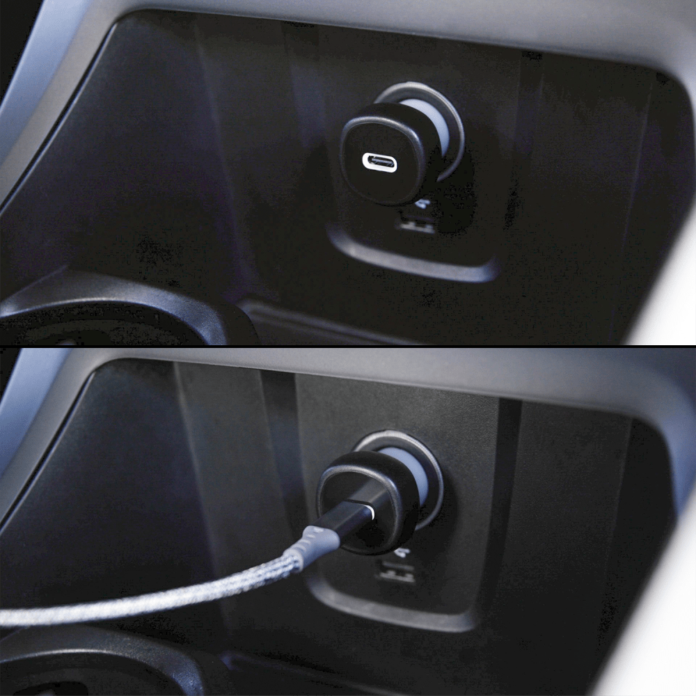 Ventev 30W USB-C PPS Fast Car Charger In car with and without cable