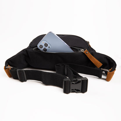 SYB Cross Body Fanny Pack Canvas Traveler with EMF shielding back open phone