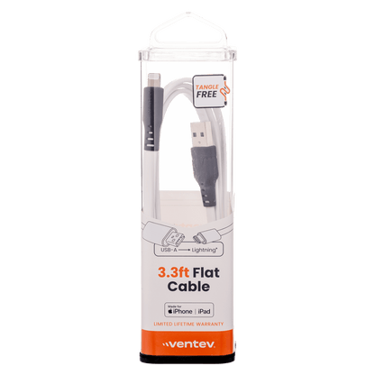 Ventev Chargesync Flat USB A to Apple Lightning Cable 3ft White by Ventev