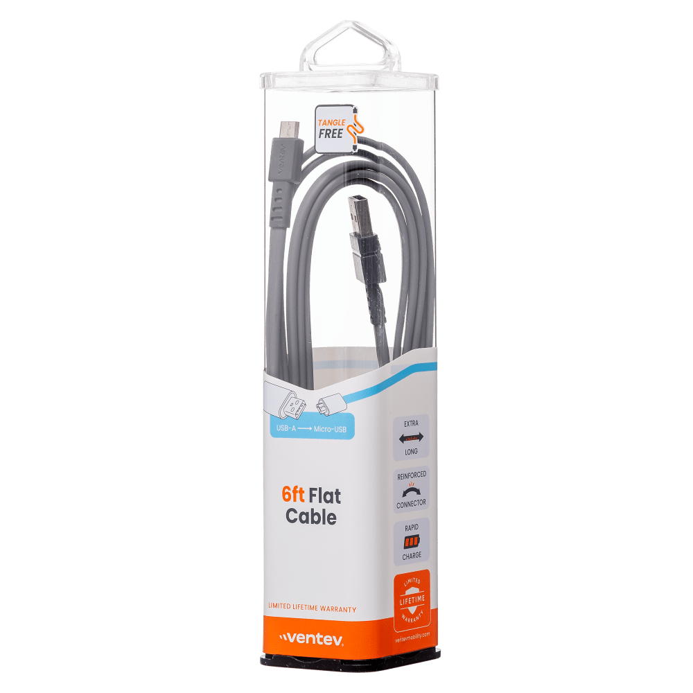 Ventev Chargesync Flat USB A to Micro Cable 6ft Gray by Ventev