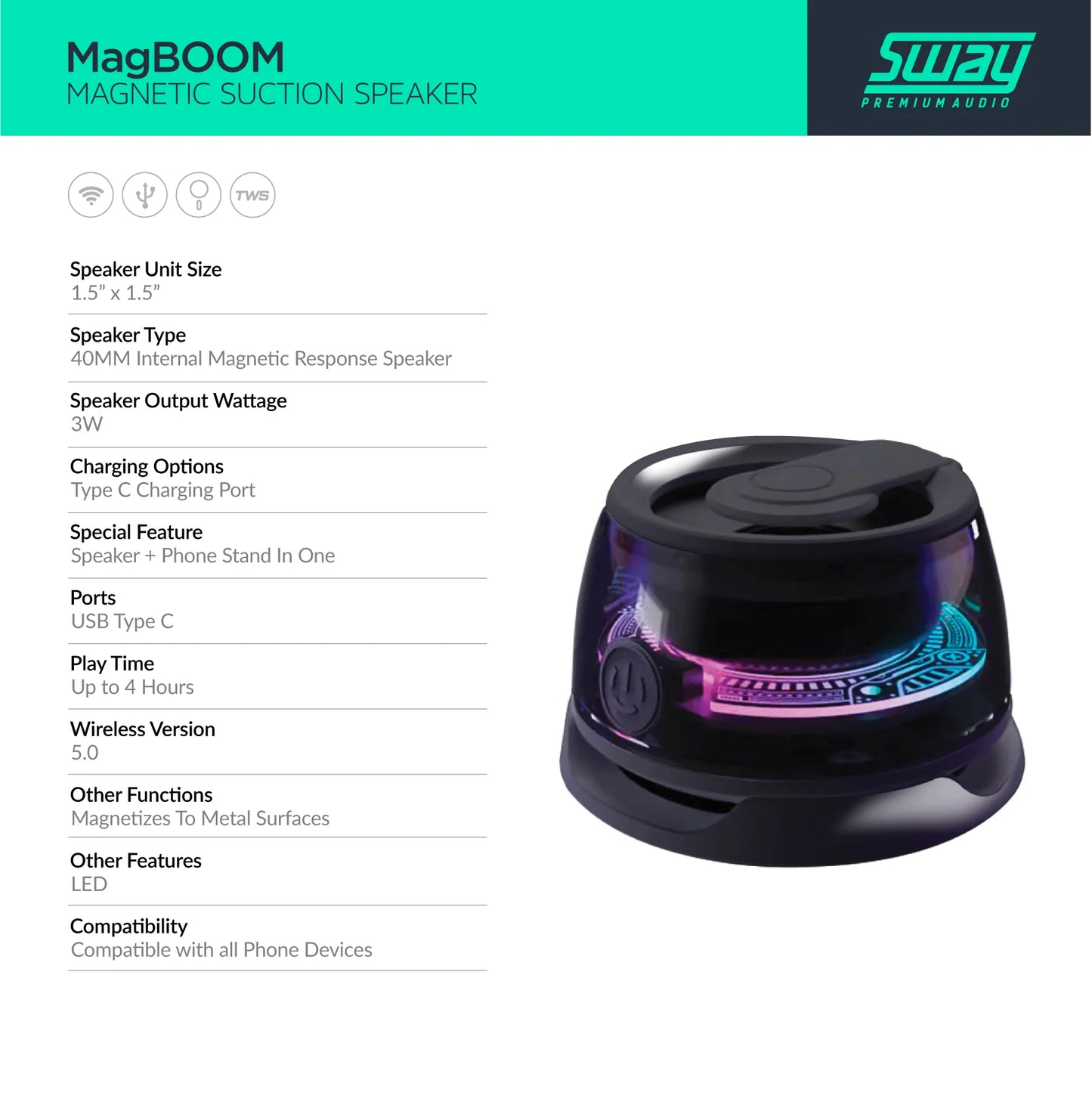Sway MagBoom LED Magnetic Bluetooth Speaker - Portable, Compact, & Powerful