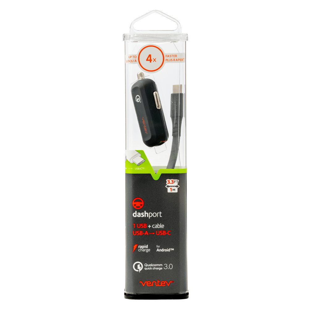 Ventev QC3.0 24W dashport rq1300 mini Car Charger and USB A to USB C Cable 3.3ft Gray by Ventev