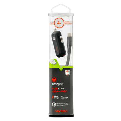 Ventev QC3.0 24W dashport rq1300 mini Car Charger and USB A to USB C Cable 3.3ft Gray by Ventev