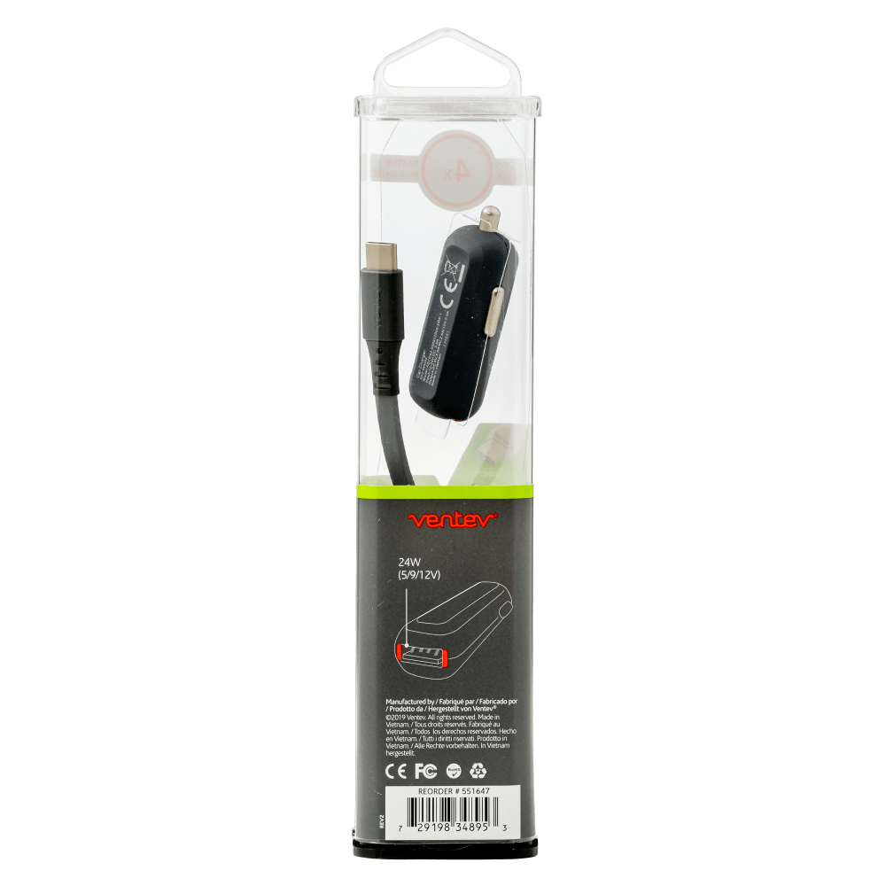 Ventev QC3.0 24W dashport rq1300 mini Car Charger and USB A to USB C Cable 3.3ft Gray by Ventev