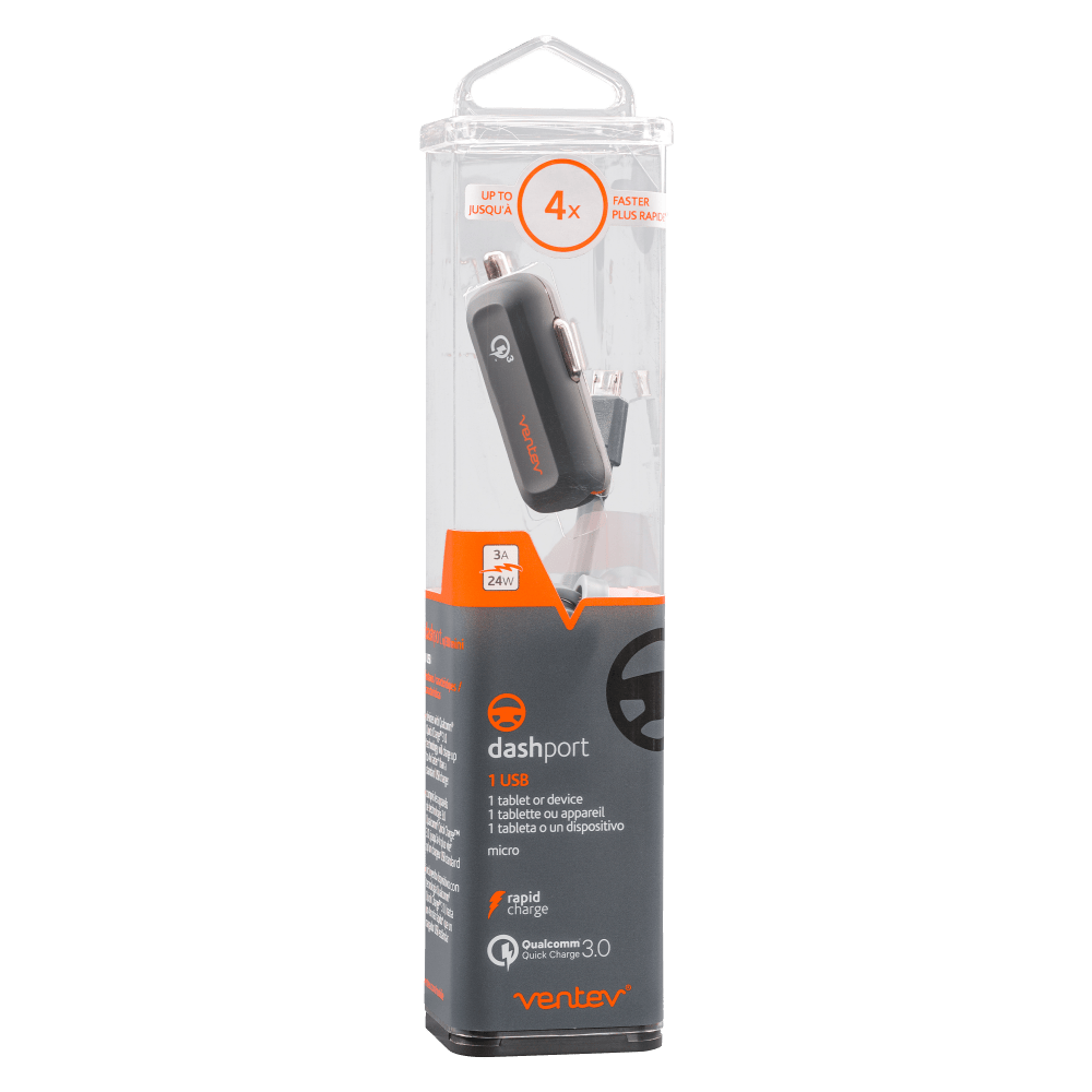 Ventev QC3.0 24W dashport rq1300 mini Car Charger and USB A to Micro USB Cable 3.3ft Gray by Ventev