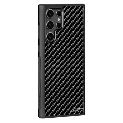 Close-up of Samsung carbon fiber phone case back sde angle