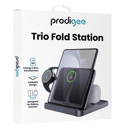 Prodigee Trio Fold Station – 3-in-1 Wireless Charger for Samsung Devices Packaging