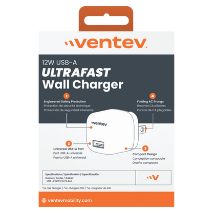 Ventev 12W USB-A Wall Charger Packaging back
