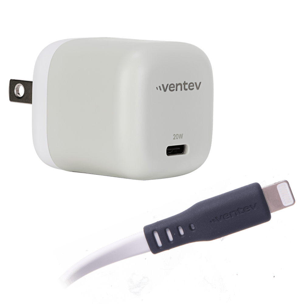 Ventev 20W PD USB C Mini Wall Charger with folding prongs and USB C to Apple Lightning Cable 3.3ft White.