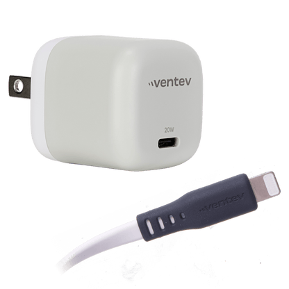Ventev 20W PD USB C Mini Wall Charger with folding prongs and USB C to Apple Lightning Cable 3.3ft White.