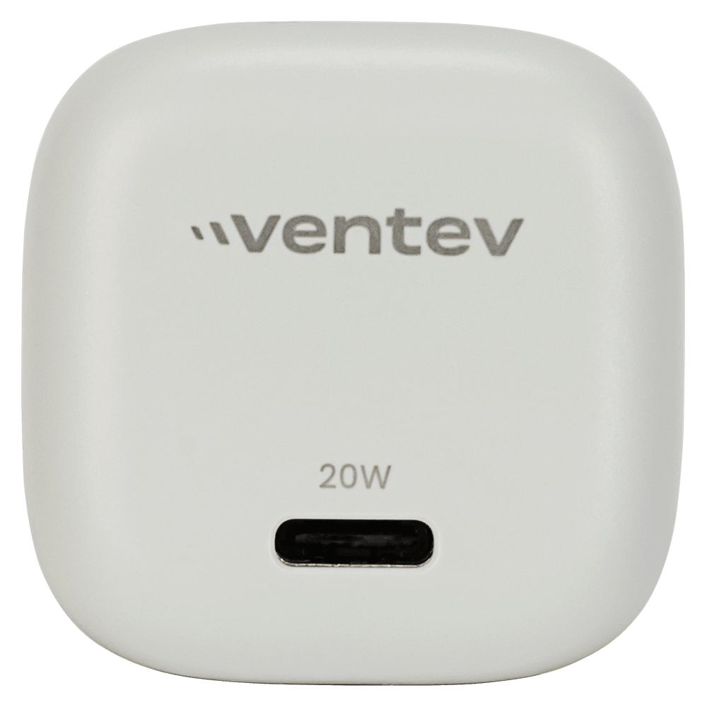 Ventev 20W PD USB C Mini Wall Charger with folding prongs and USB C to Apple Lightning Cable 3.3ft White. front