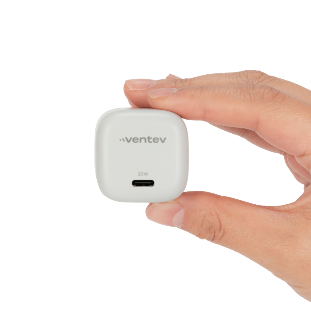 Ventev 20W PD USB C Mini Wall Charger with folding prongs and USB C to Apple Lightning Cable 3.3ft White. Scale