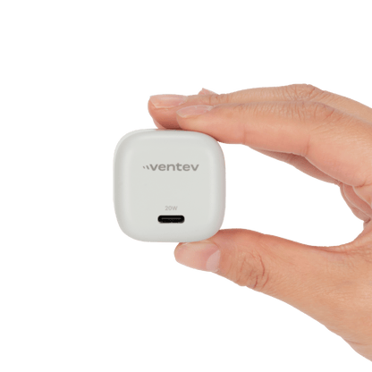 Ventev 20W PD USB C Mini Wall Charger with folding prongs and USB C to Apple Lightning Cable 3.3ft White. Scale