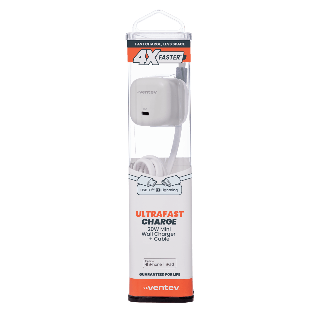 Ventev 20W PD USB C Mini Wall Charger with folding prongs and USB C to Apple Lightning Cable 3.3ft White. packaging