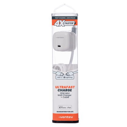 Ventev 20W PD USB C Mini Wall Charger with folding prongs and USB C to Apple Lightning Cable 3.3ft White. packaging