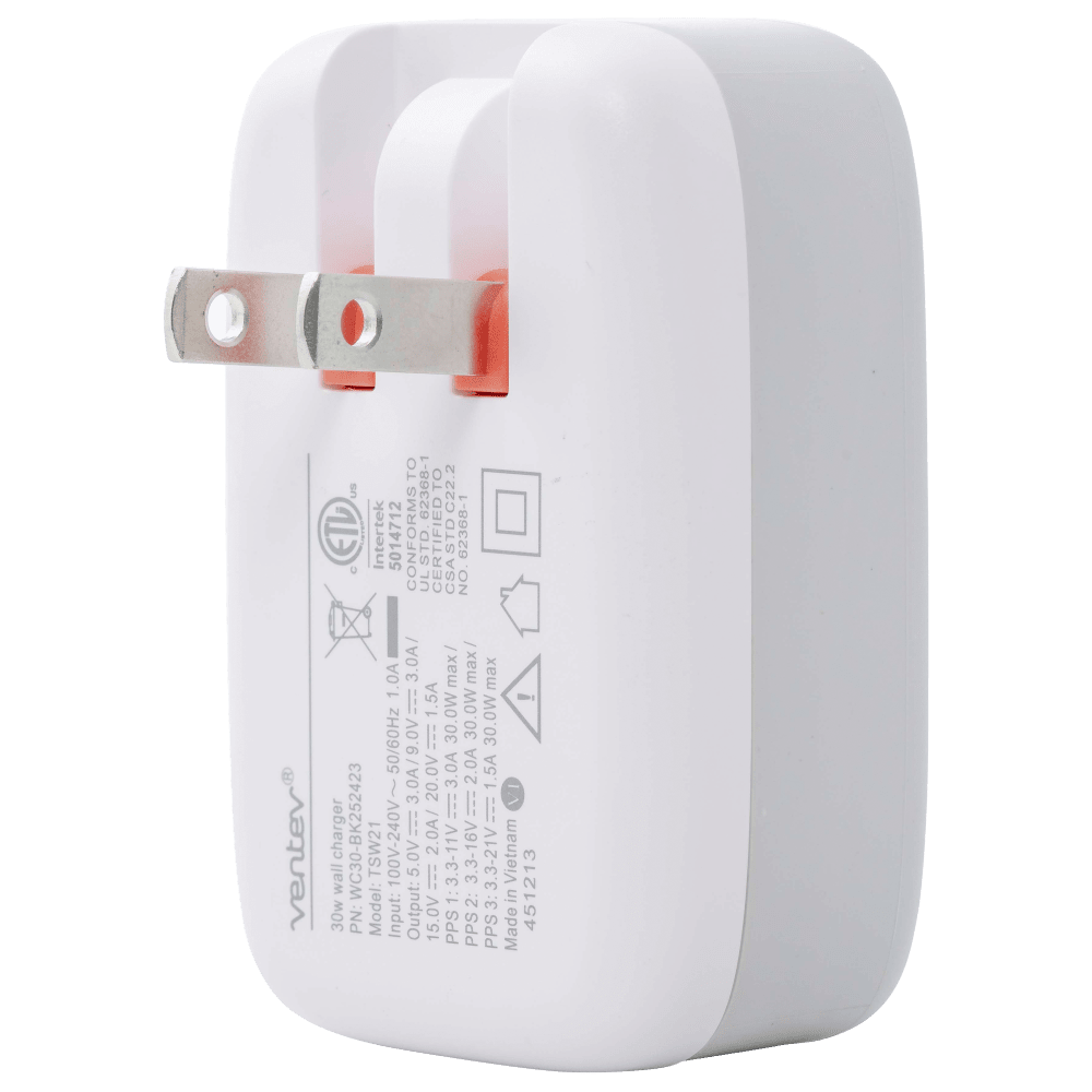 Ventev PD 30W USB-C Fast Wall Charge - Back Prongs folded out